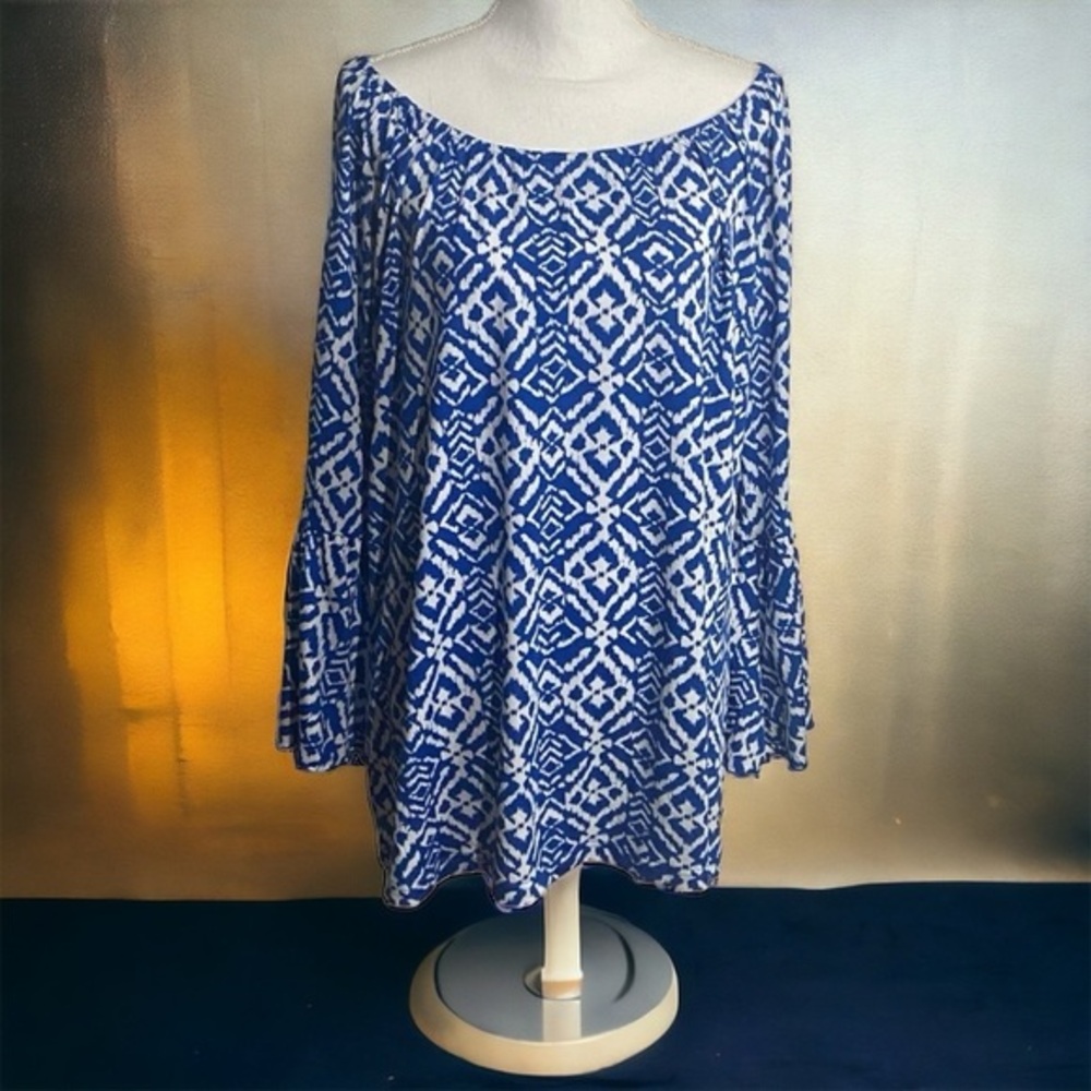 Blue & White Flare Sleeve Tunic Top‎